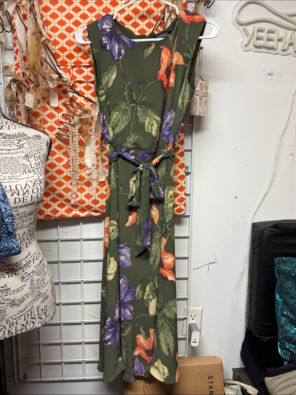 Lauren Ralph Lauren Olive Green Floral Maxi Dress with Tie Waist